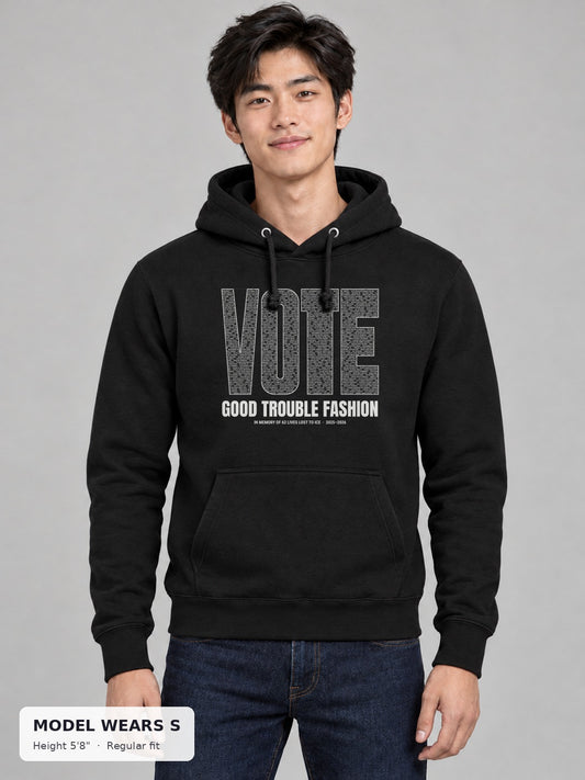 VOTE Memorial Names Hoodie on a slim model wearing size S, 5'8" - Good Trouble Fashion