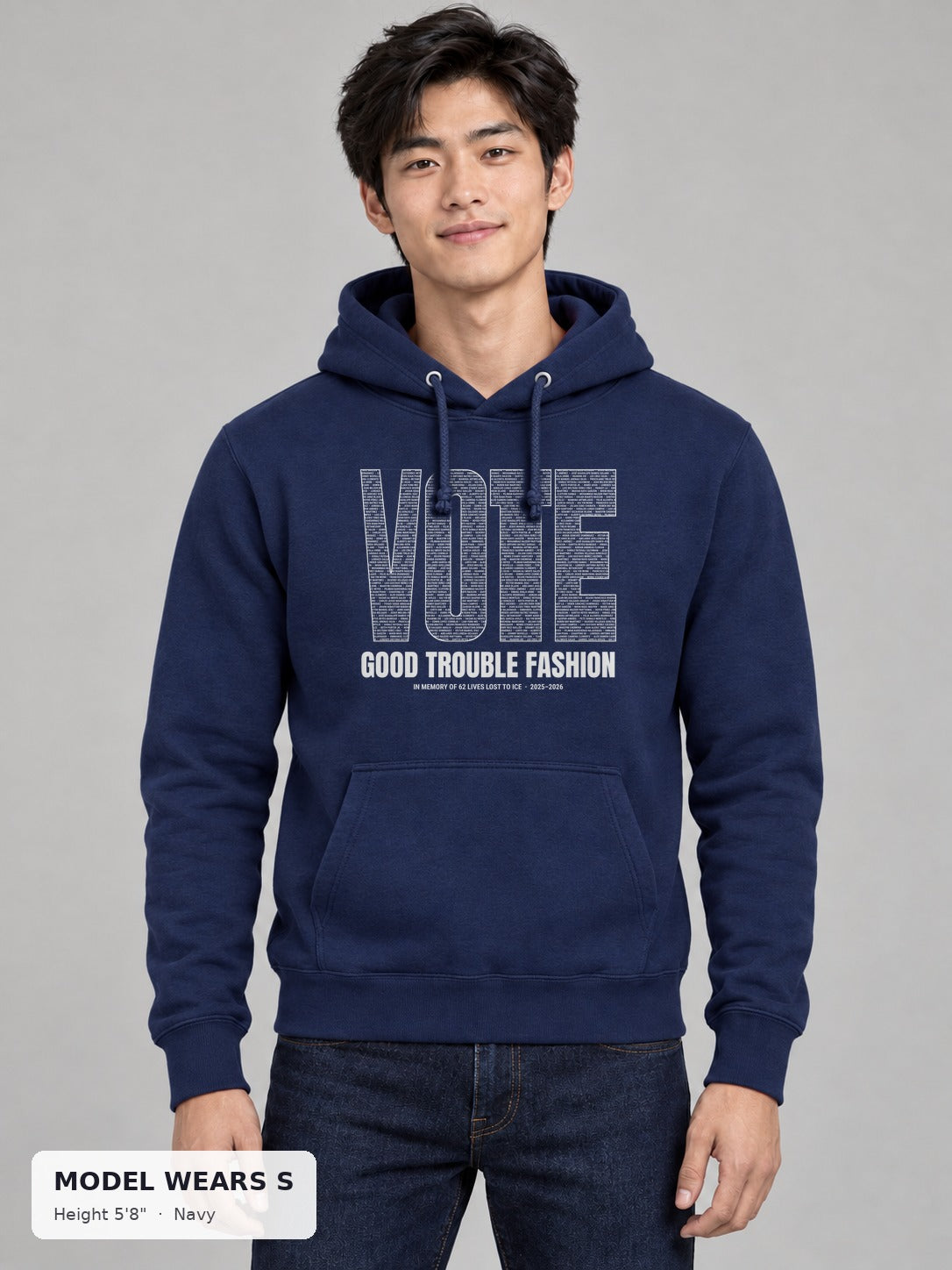 VOTE Memorial Names Hoodie in Navy on a slim model wearing size S, 5'8" - Good Trouble Fashion