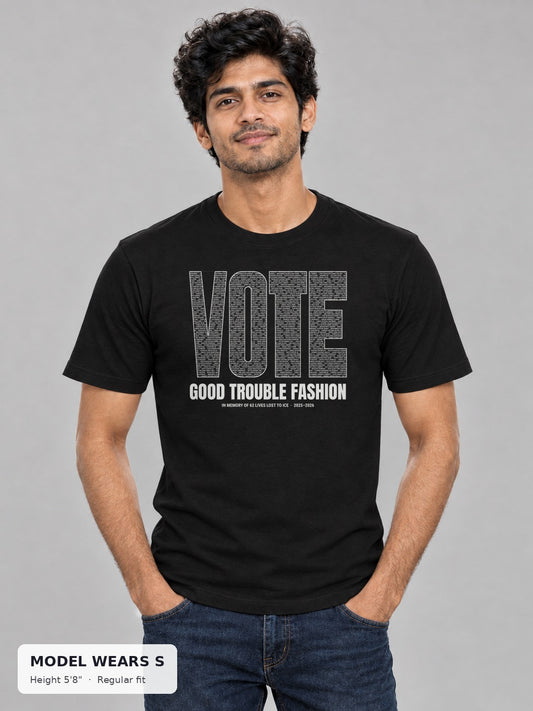 VOTE Memorial Names Tee on a slim model wearing size S, 5'8" - Good Trouble Fashion