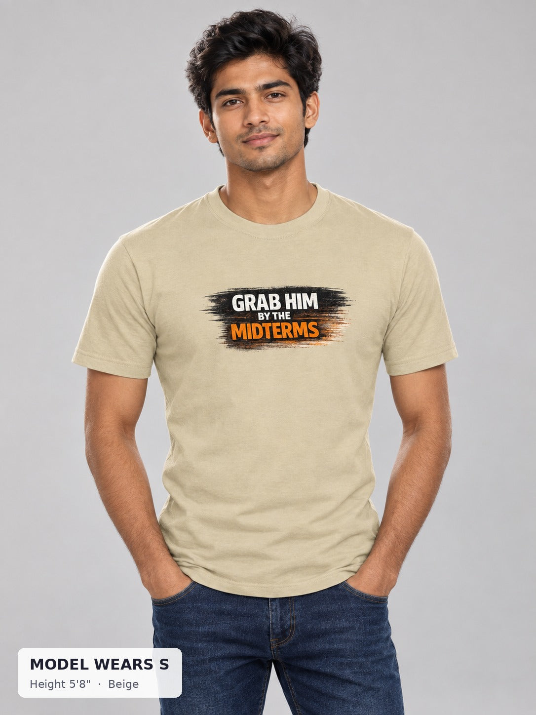 Grab Him by the Midterms Tee in Beige on a slim model wearing size S, 5'8" - Good Trouble Fashion