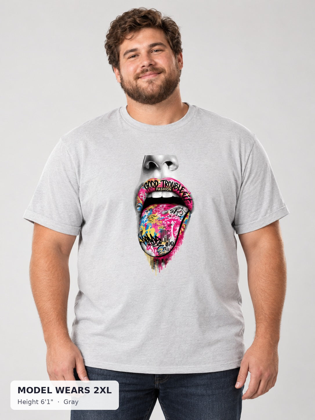 Graffiti Tongue Tee in Gray on a plus-size model wearing size 2XL, 6'1" - Good Trouble Fashion