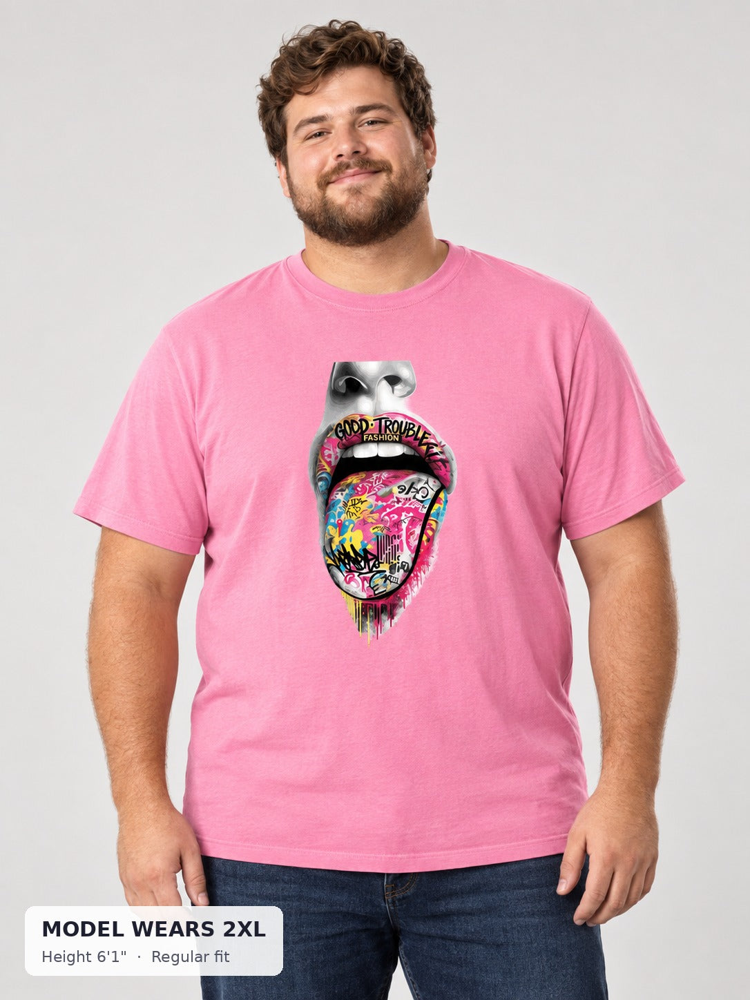 Graffiti Tongue Tee on a plus-size model wearing size 2XL, 6'1" - Good Trouble Fashion