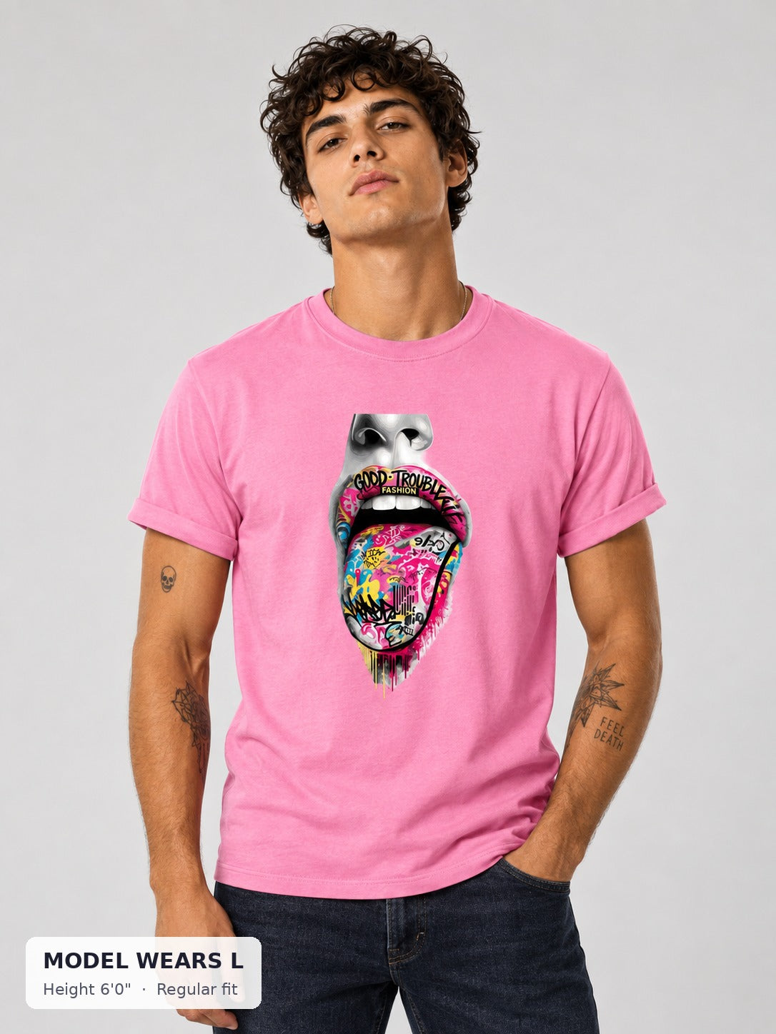 Graffiti Tongue Tee on an athletic model wearing size L, 6'0" - Good Trouble Fashion