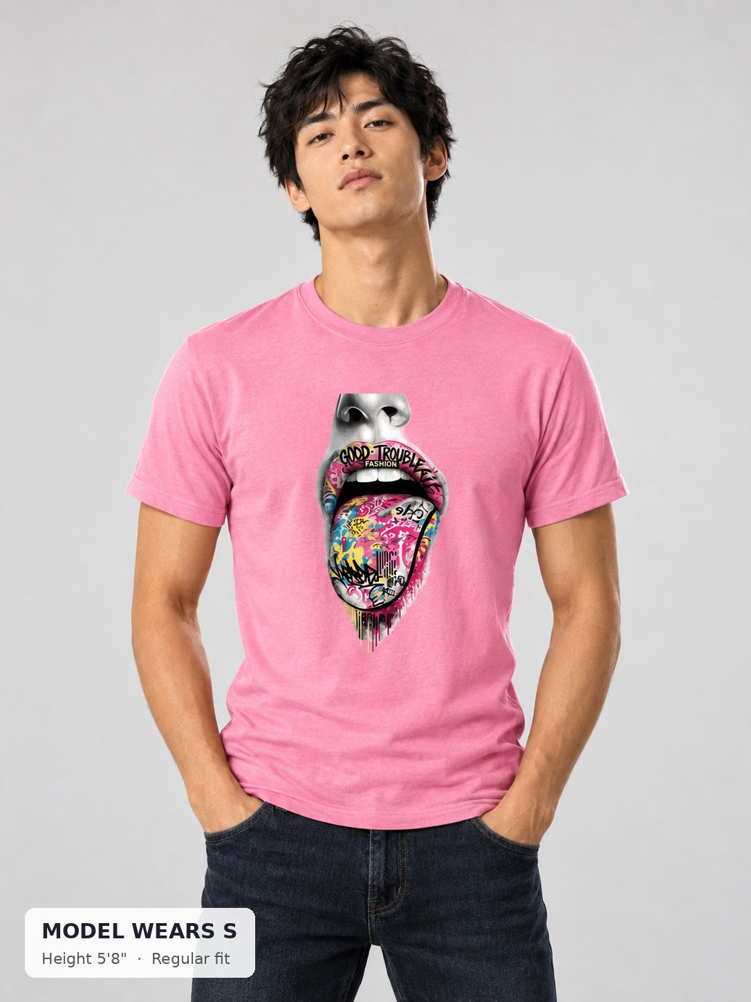 Graffiti Tongue Tee on a slim model wearing size S, 5'8" - Good Trouble Fashion