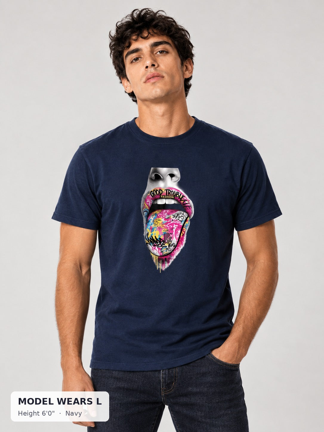 Graffiti Tongue Tee in Navy on an athletic model wearing size L, 6'0" - Good Trouble Fashion