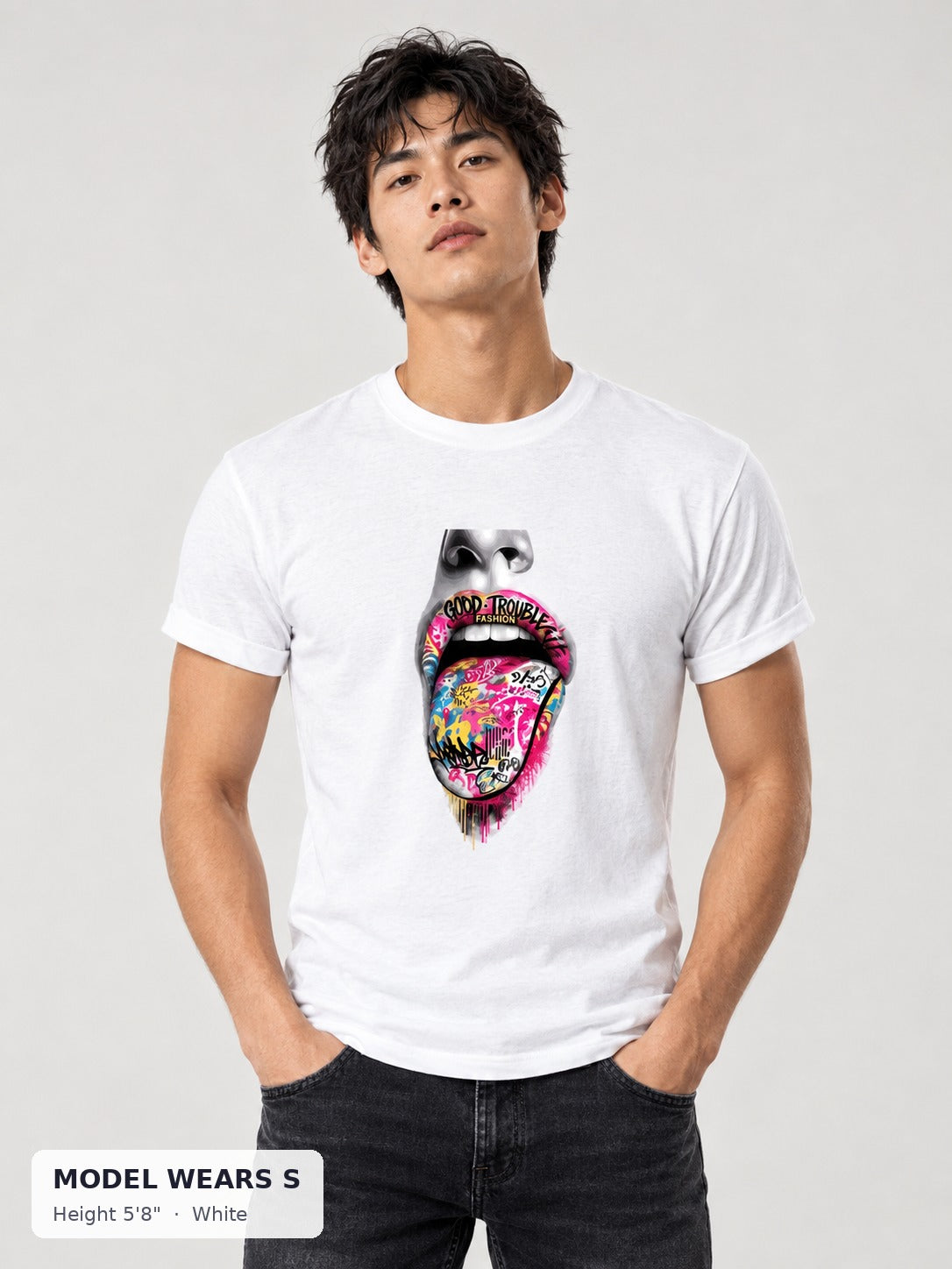 Graffiti Tongue Tee in White on a slim model wearing size S, 5'8" - Good Trouble Fashion