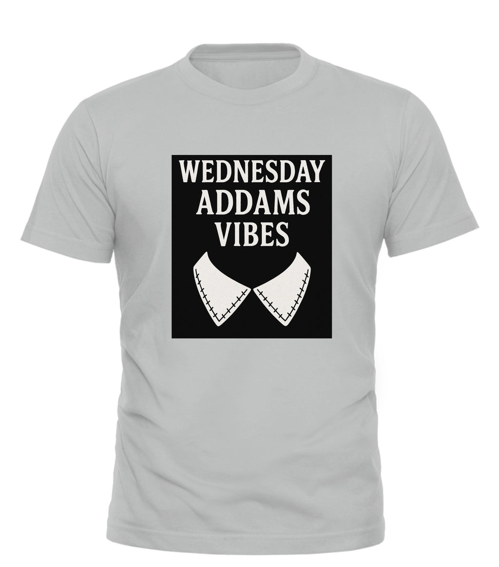 Good Trouble Garments gray t-shirt with Wednesday Addams vibe t-shirt black and white graphic design