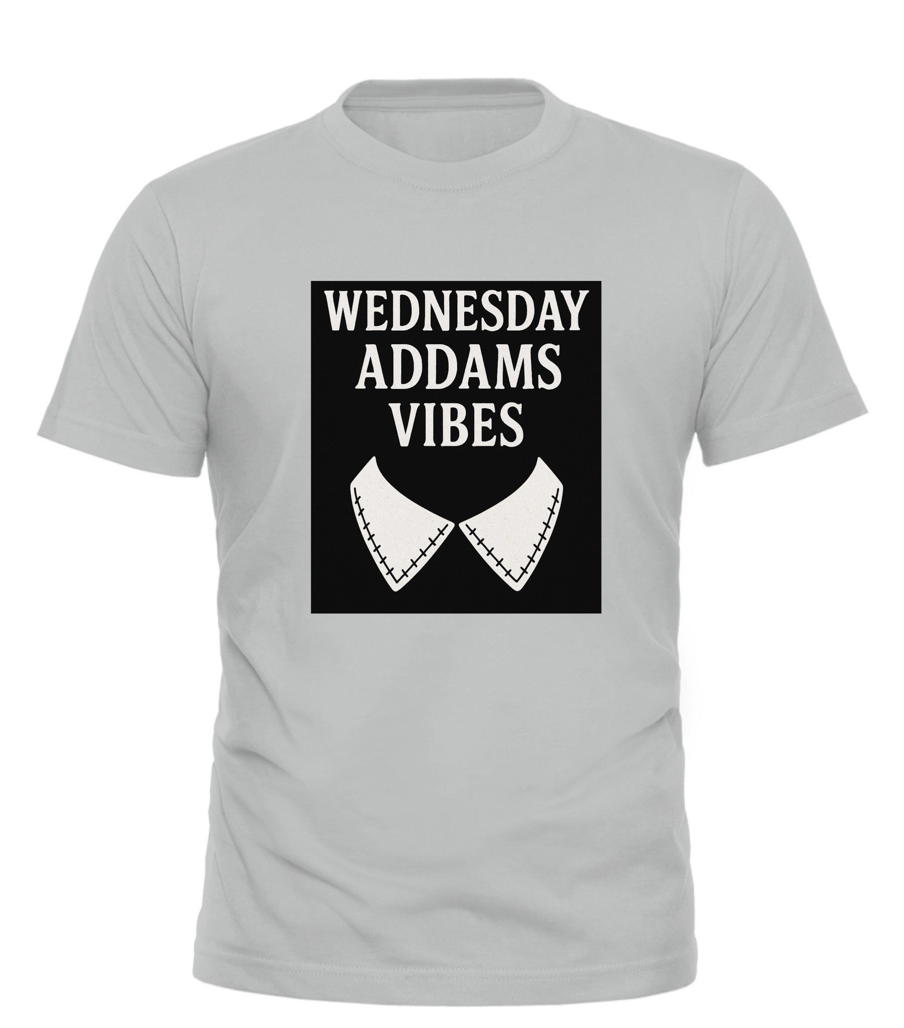 Good Trouble Garments gray t-shirt with Wednesday Addams vibe t-shirt black and white graphic design