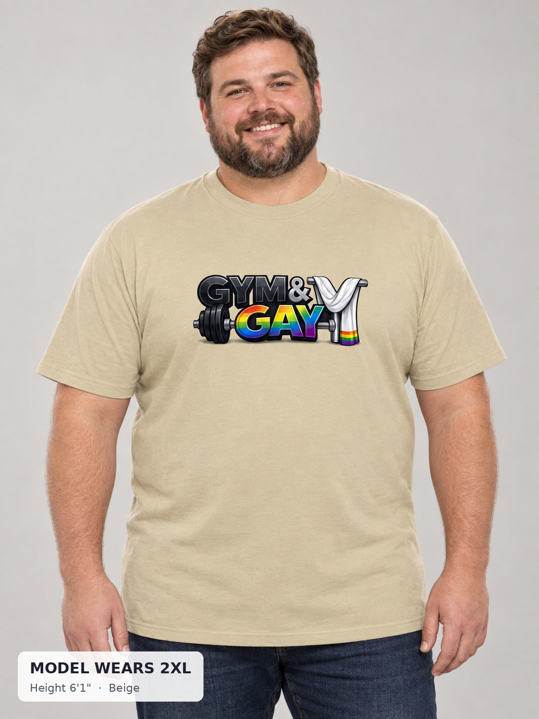Gym & Gay Workout Tee in Beige on a plus-size model wearing size 2XL, 6'1" - Good Trouble Fashion