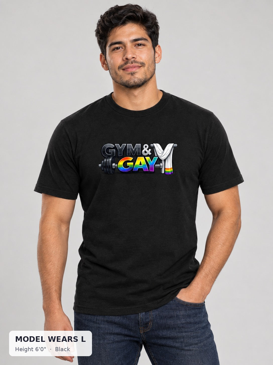 Gym & Gay Workout Tee in Black on an athletic model wearing size L, 6'0" - Good Trouble Fashion