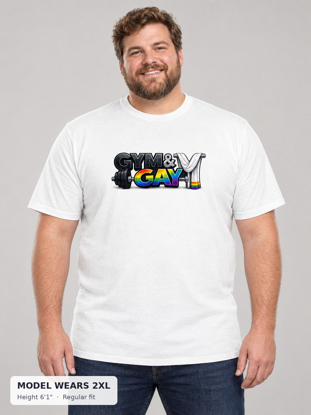 Gym & Gay Workout Tee on a plus-size model wearing size 2XL, 6'1" - Good Trouble Fashion