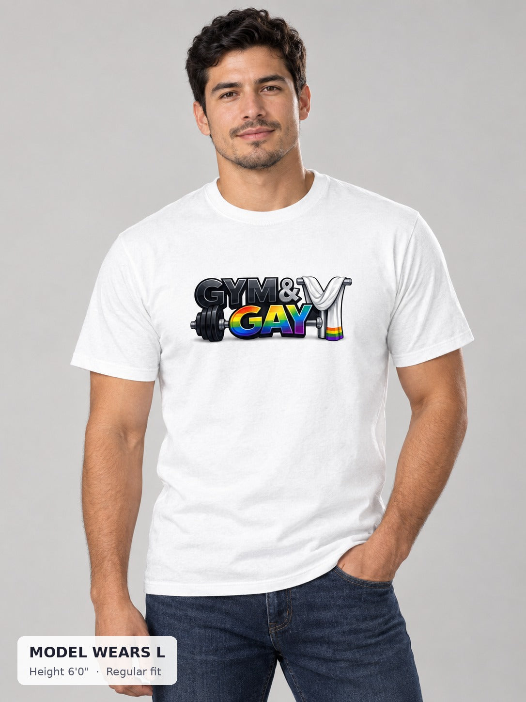 Gym & Gay Workout Tee on an athletic model wearing size L, 6'0" - Good Trouble Fashion
