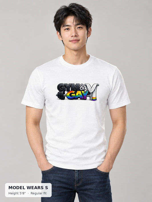 Gym & Gay Workout Tee on a slim model wearing size S, 5'8" - Good Trouble Fashion
