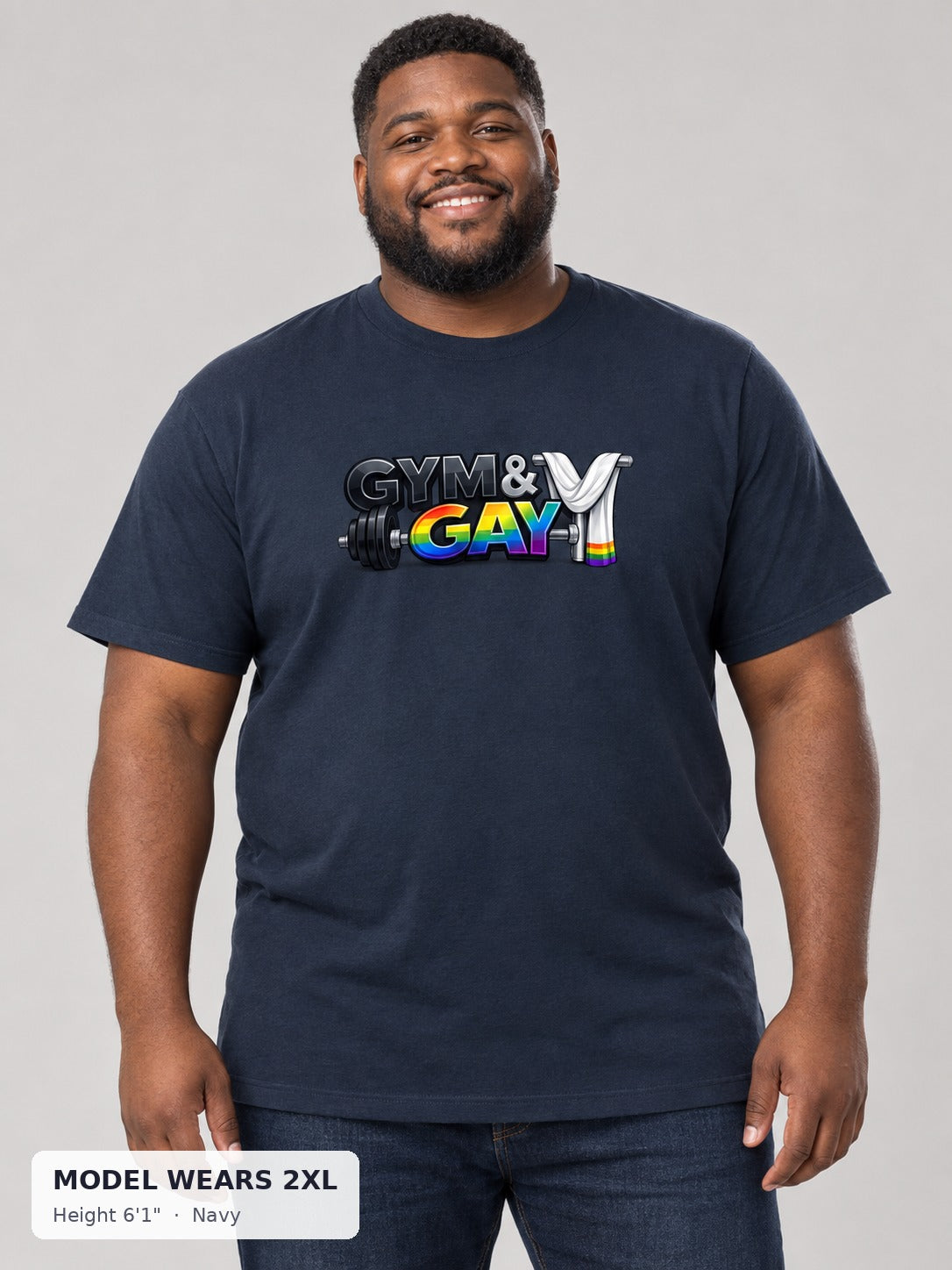 Gym & Gay Workout Tee in Navy on a plus-size model wearing size 2XL, 6'1" - Good Trouble Fashion