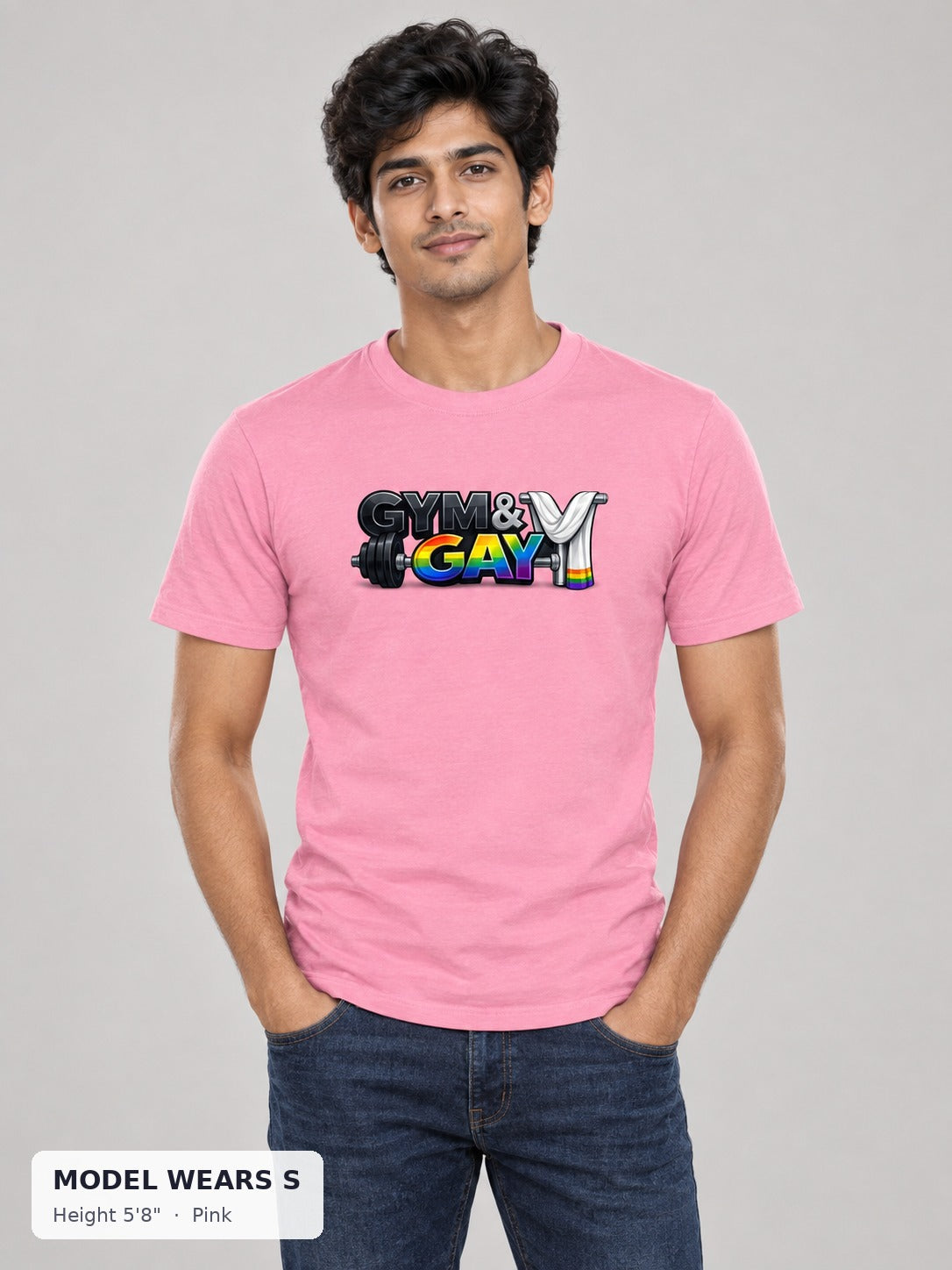 Gym & Gay Workout Tee in Pink on a slim model wearing size S, 5'8" - Good Trouble Fashion