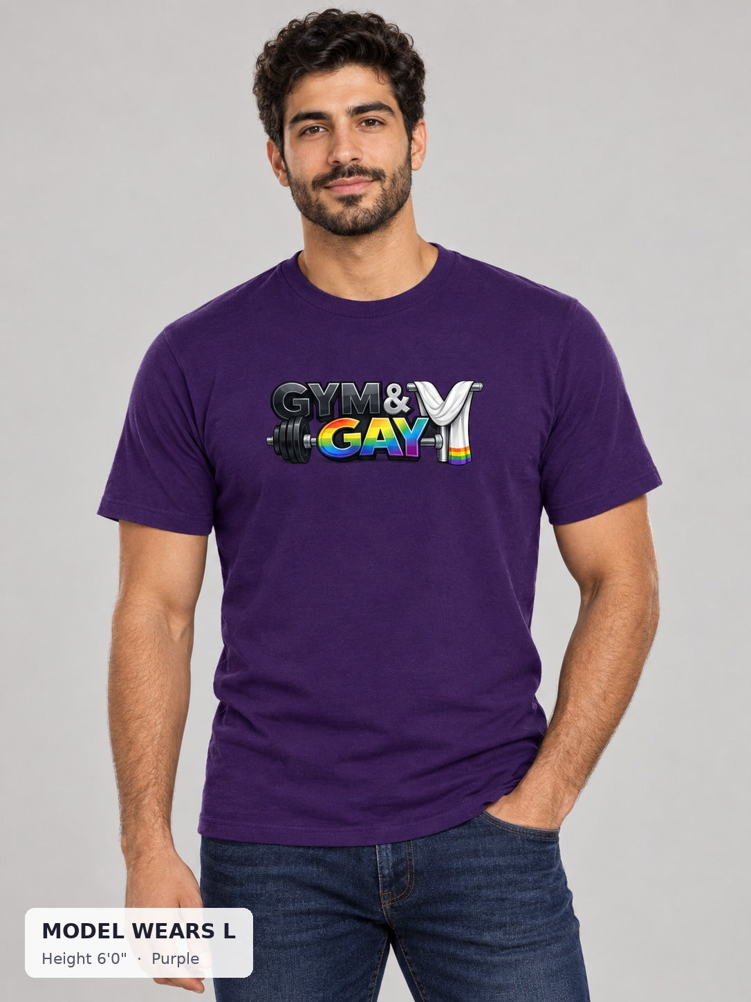 Gym & Gay Workout Tee in Purple on an athletic model wearing size L, 6'0" - Good Trouble Fashion