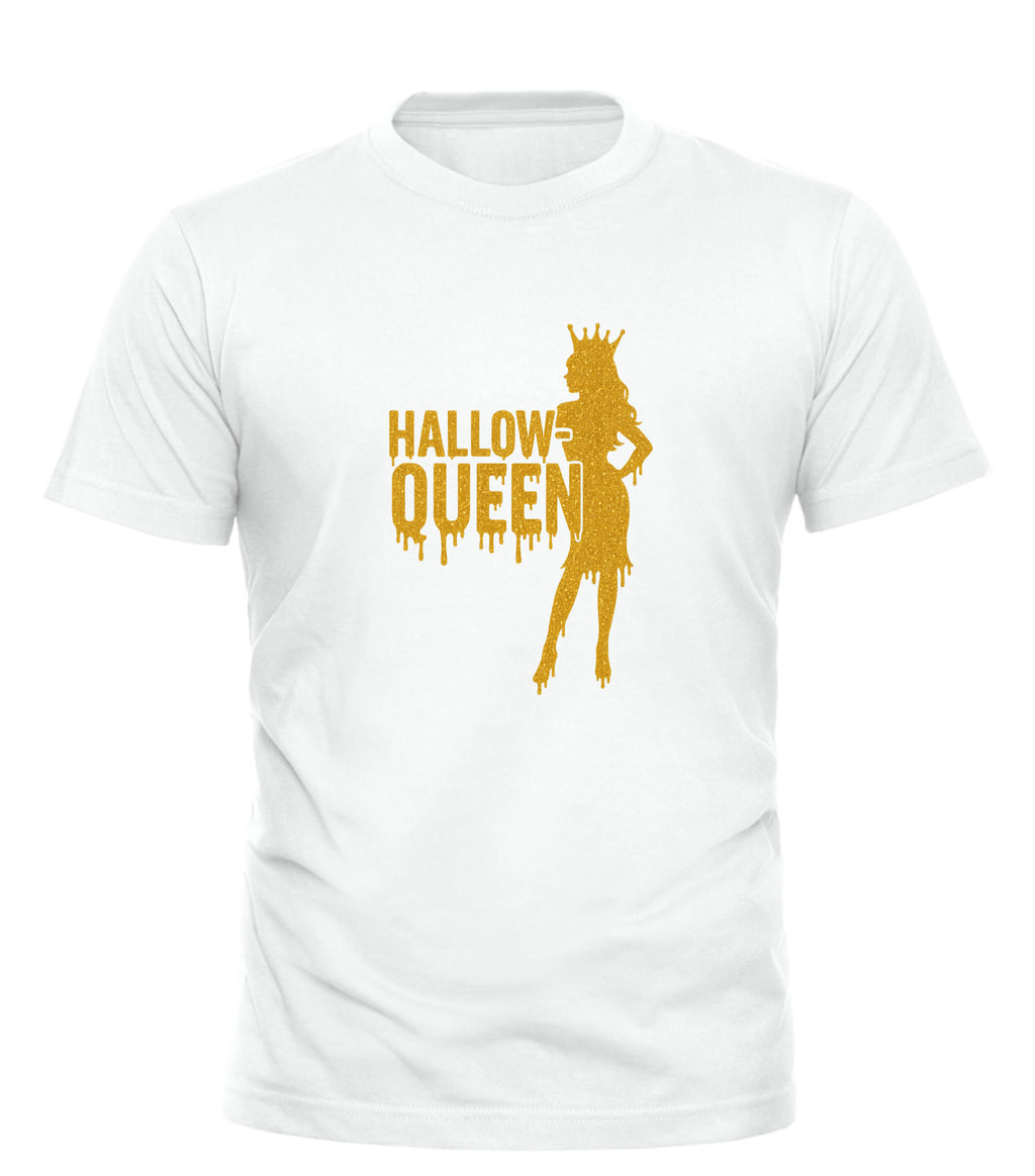 White Good Trouble Garments hallow queen graphic tee with gold silhouette and text design