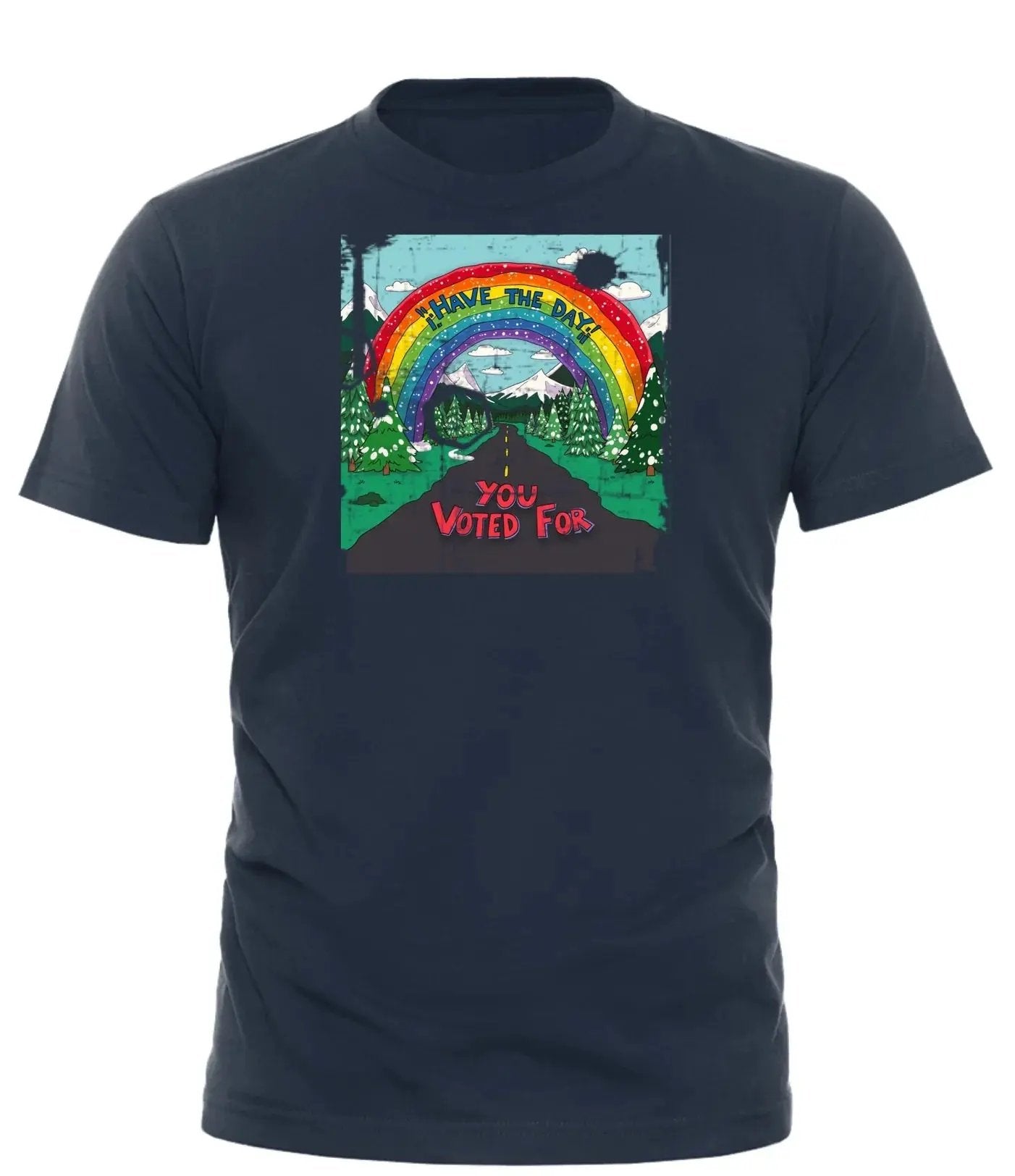 Good Trouble Garments navy t-shirt with colorful rainbow design and have the day you voted for shirt text