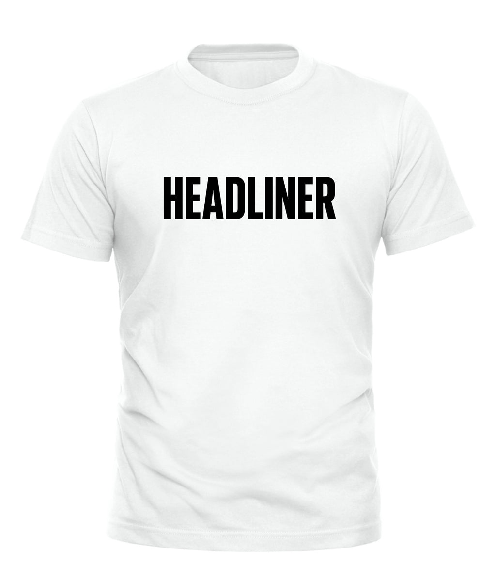 Good Trouble Garments white headliner graphic tee with bold black HEADLINER text on front