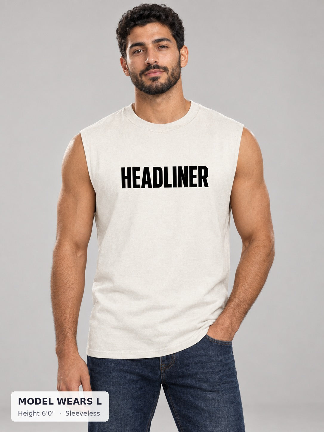 Headliner Rave Tee in Sleeveless style on an athletic model wearing size L, 6'0" - Good Trouble Fashion