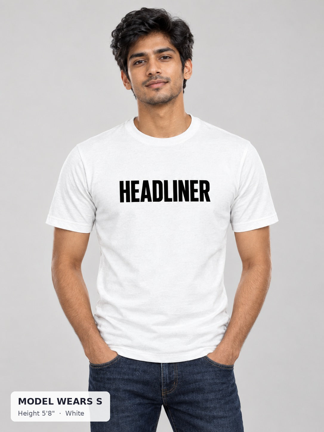 Headliner Rave Tee in White on a slim model wearing size S, 5'8" - Good Trouble Fashion