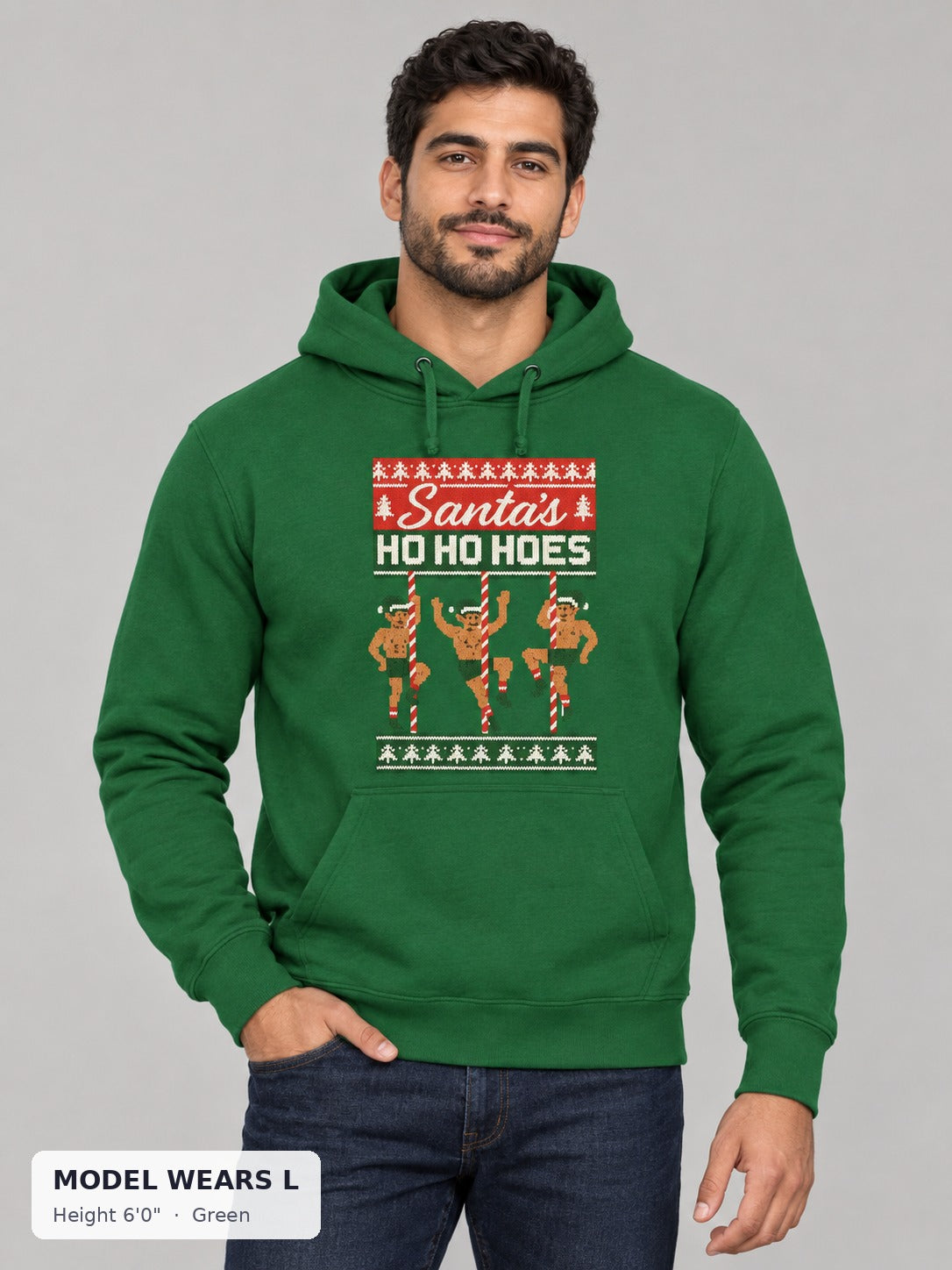 Ho Ho Hoes Holiday Sweatshirt in Green on an athletic model wearing size L, 6'0" - Good Trouble Fashion