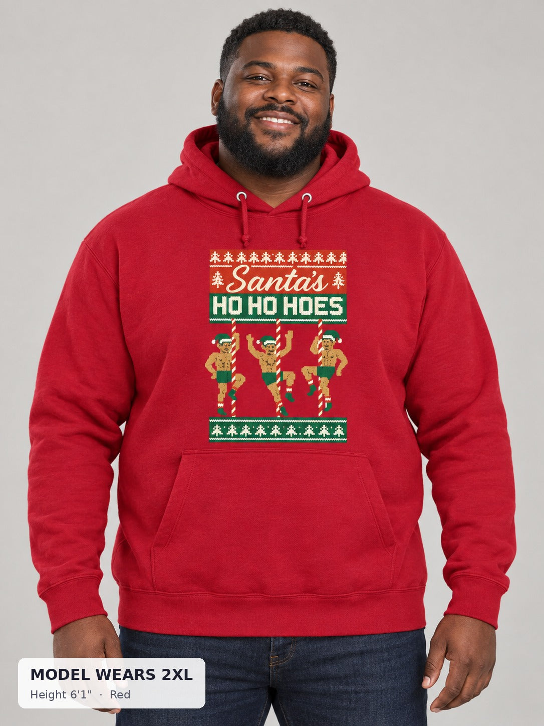Ho Ho Hoes Holiday Sweatshirt in Red on a plus-size model wearing size 2XL, 6'1" - Good Trouble Fashion