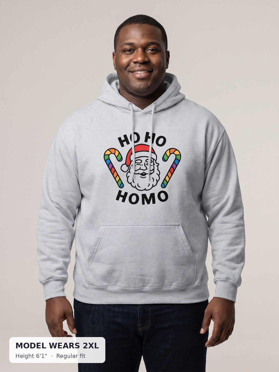 Ho Ho Homo Holiday Hoodie on a plus-size model wearing size 2XL, 6'1" - Good Trouble Fashion