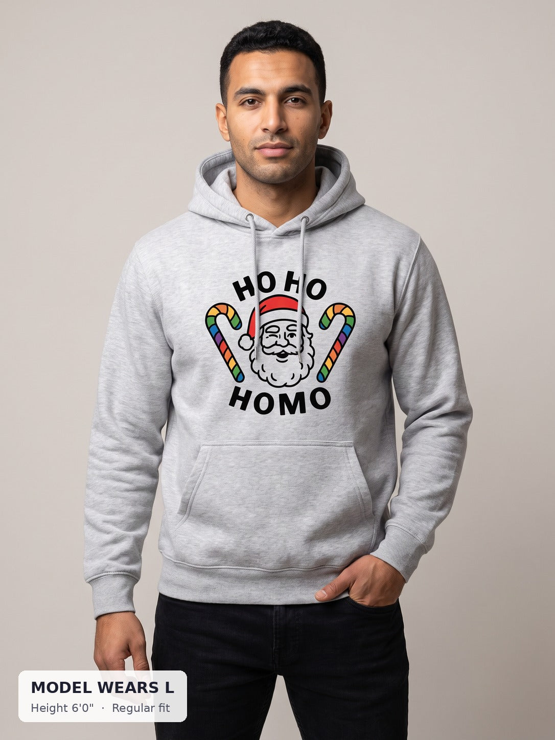 Ho Ho Homo Holiday Hoodie on an athletic model wearing size L, 6'0" - Good Trouble Fashion