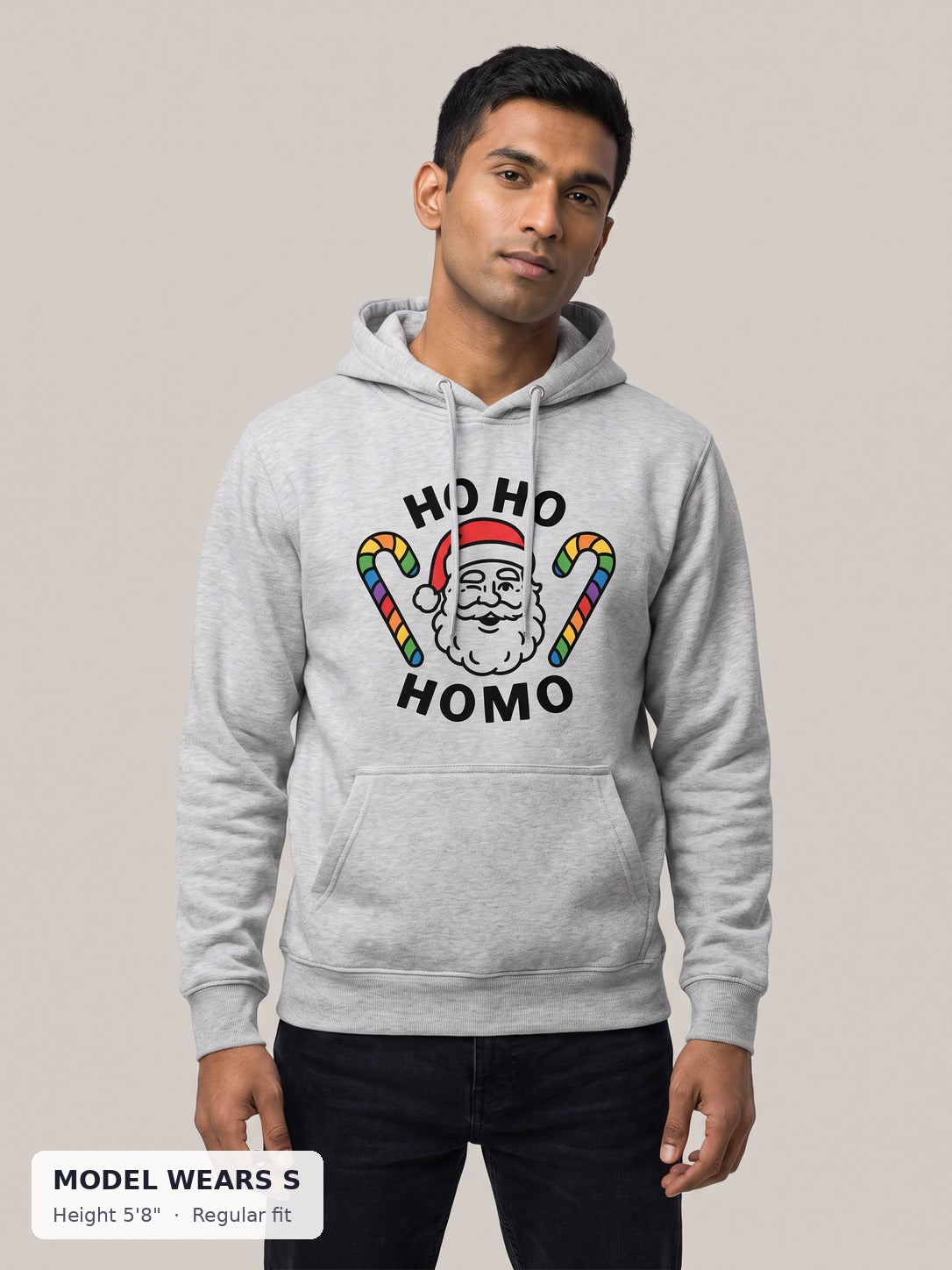 Ho Ho Homo Holiday Hoodie on a slim model wearing size S, 5'8" - Good Trouble Fashion