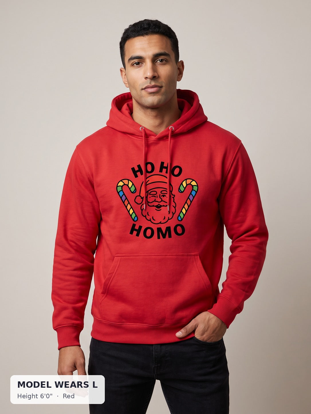 Ho Ho Homo Holiday Hoodie in Red on an athletic model wearing size L, 6'0" - Good Trouble Fashion
