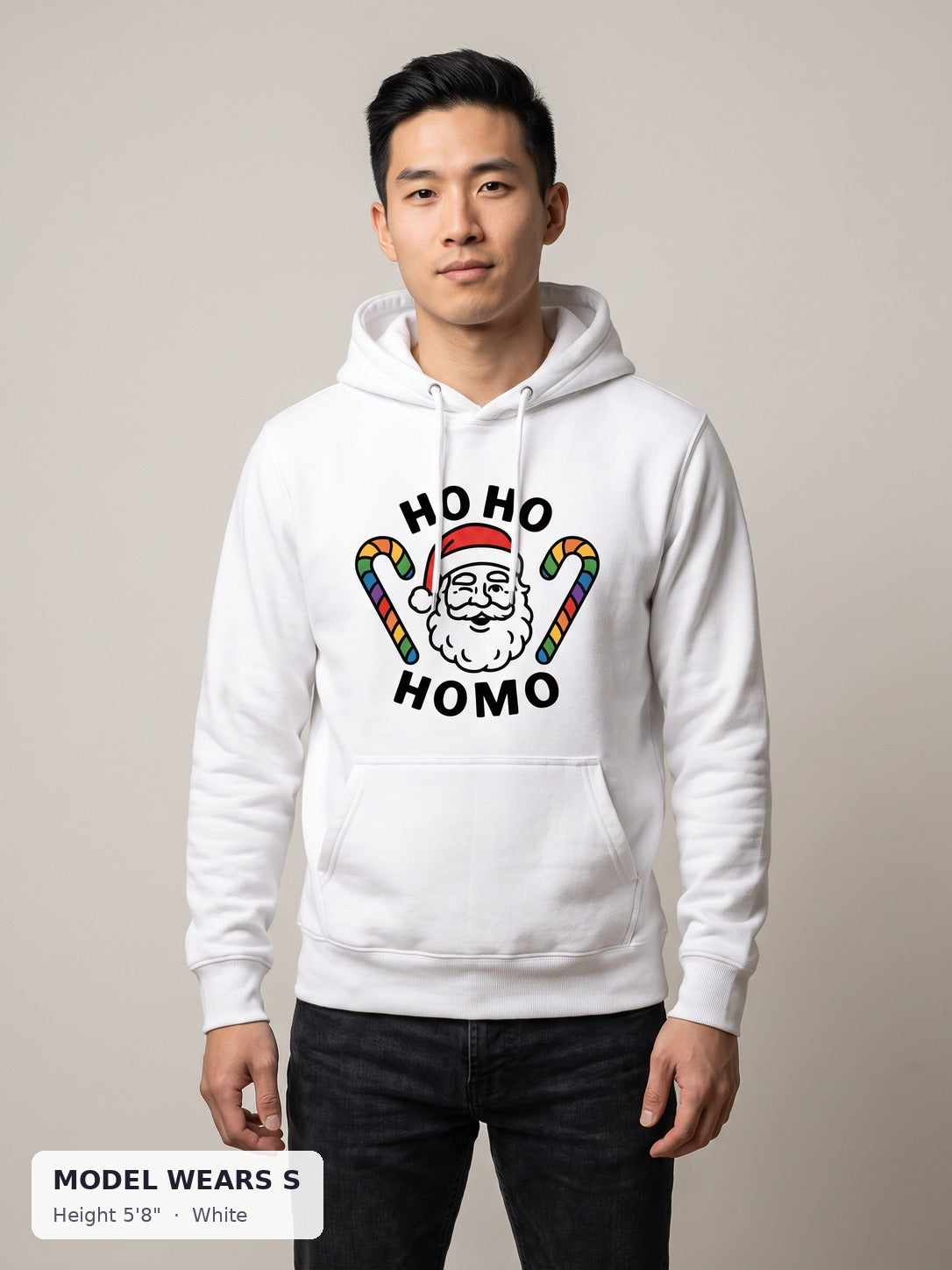 Ho Ho Homo Holiday Hoodie in White on a slim model wearing size S, 5'8" - Good Trouble Fashion