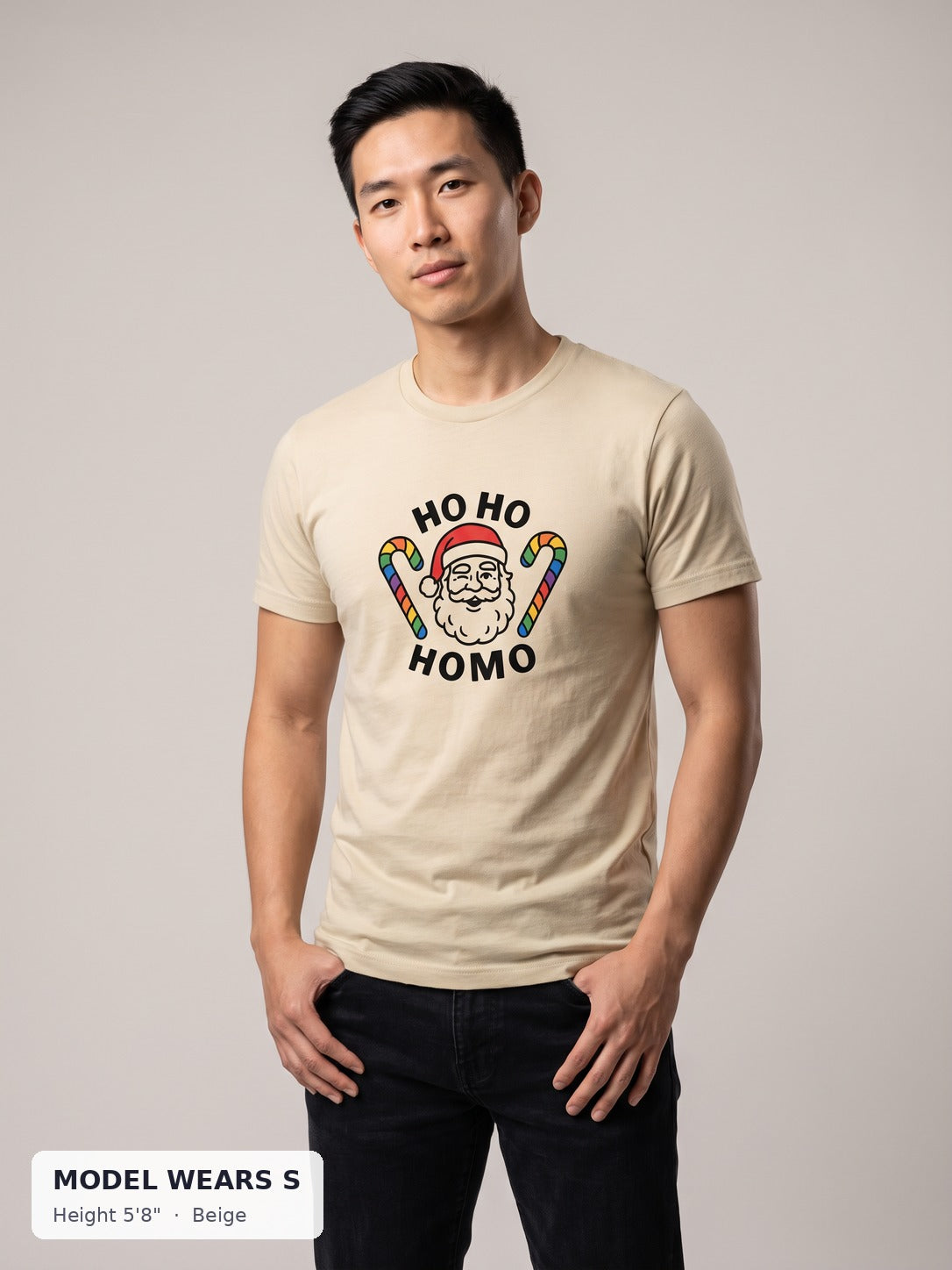 Ho Ho Homo Tee in Beige on a slim model wearing size S, 5'8" - Good Trouble Fashion