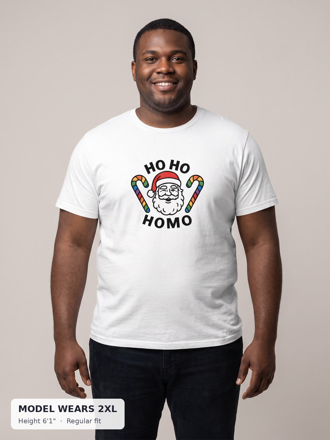 Ho Ho Homo Tee on a plus-size model wearing size 2XL, 6'1" - Good Trouble Fashion