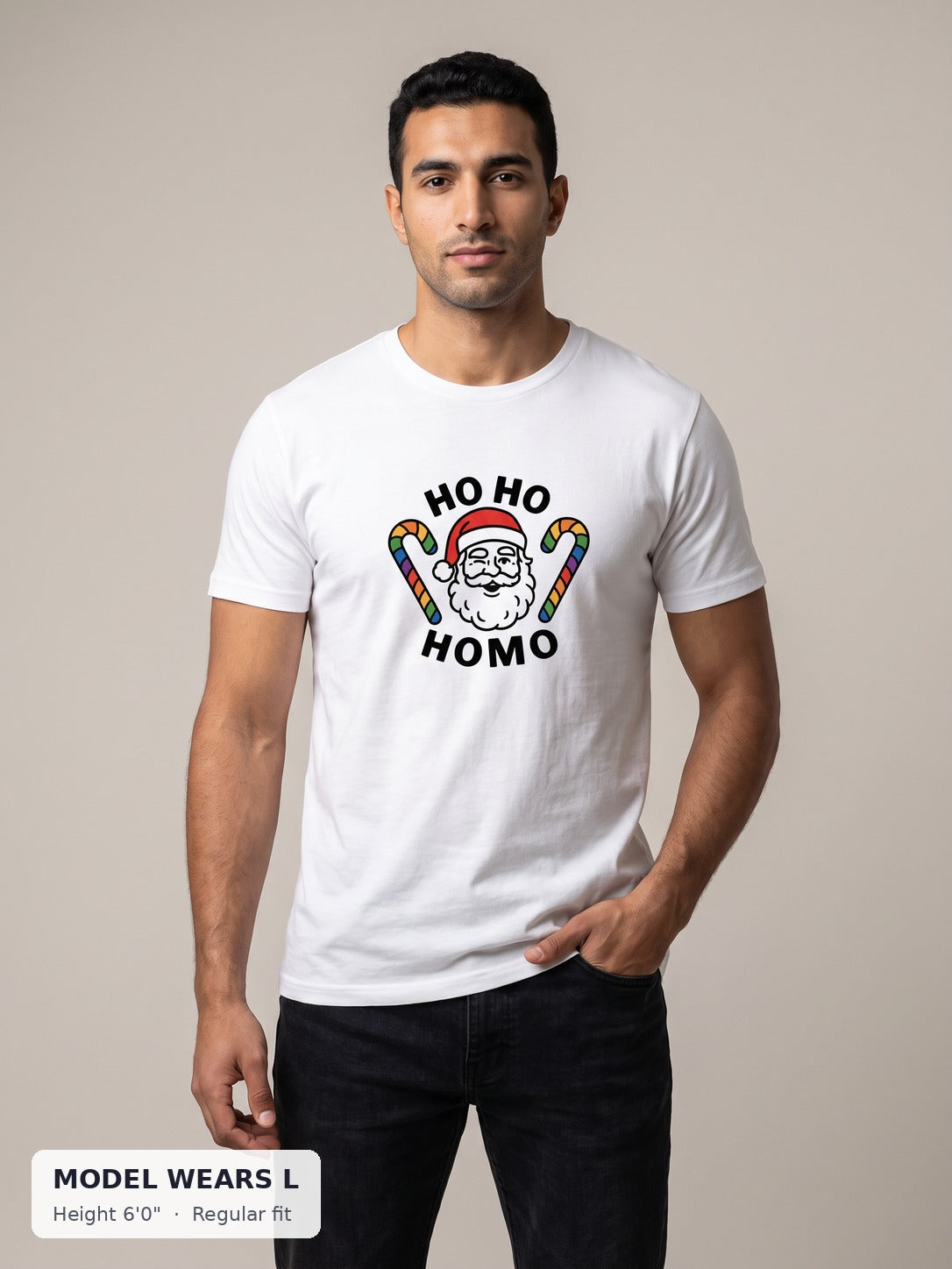 Ho Ho Homo Tee on an athletic model wearing size L, 6'0" - Good Trouble Fashion