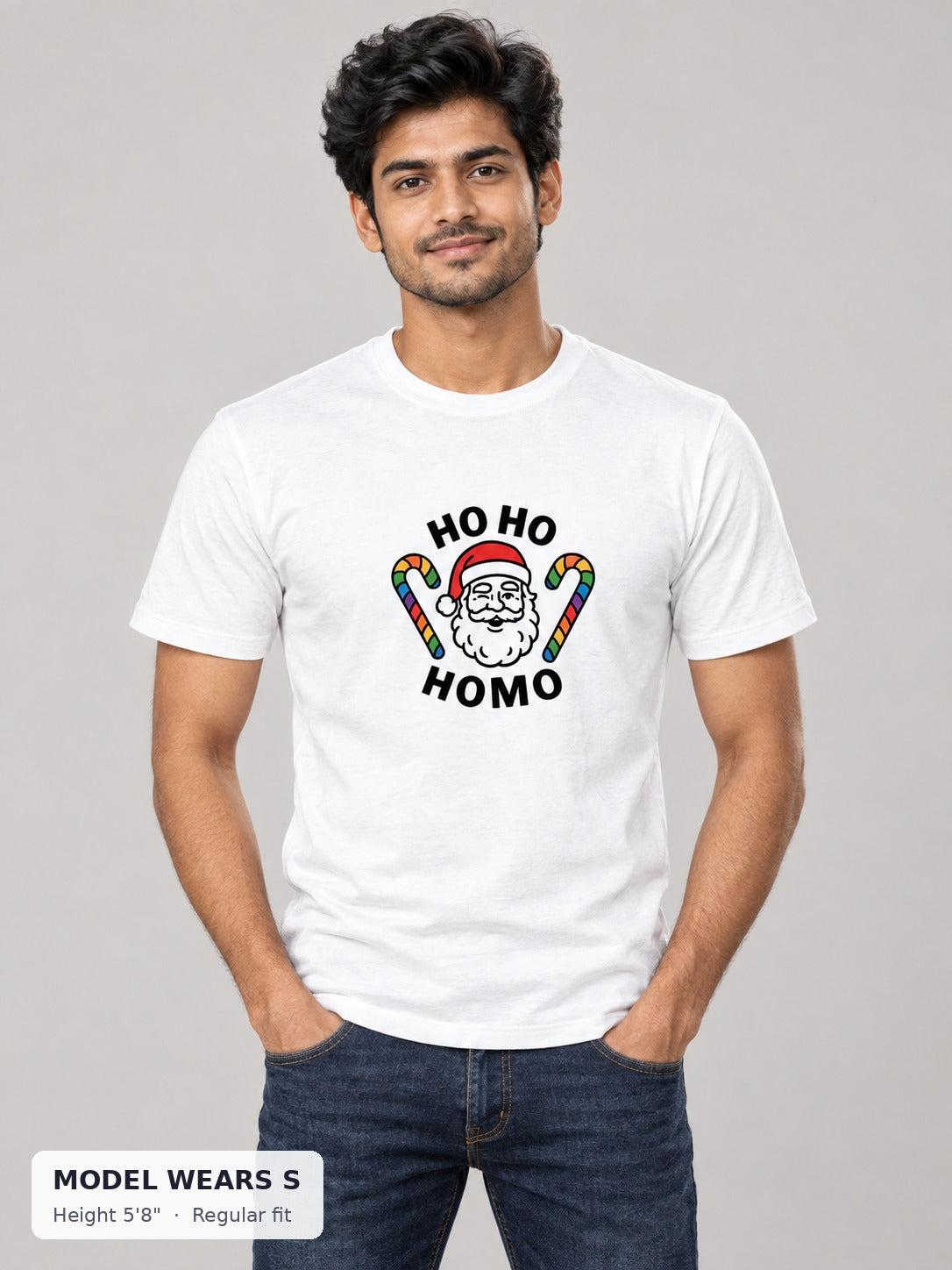 Ho Ho Homo Tee on a slim model wearing size S, 5'8" - Good Trouble Fashion