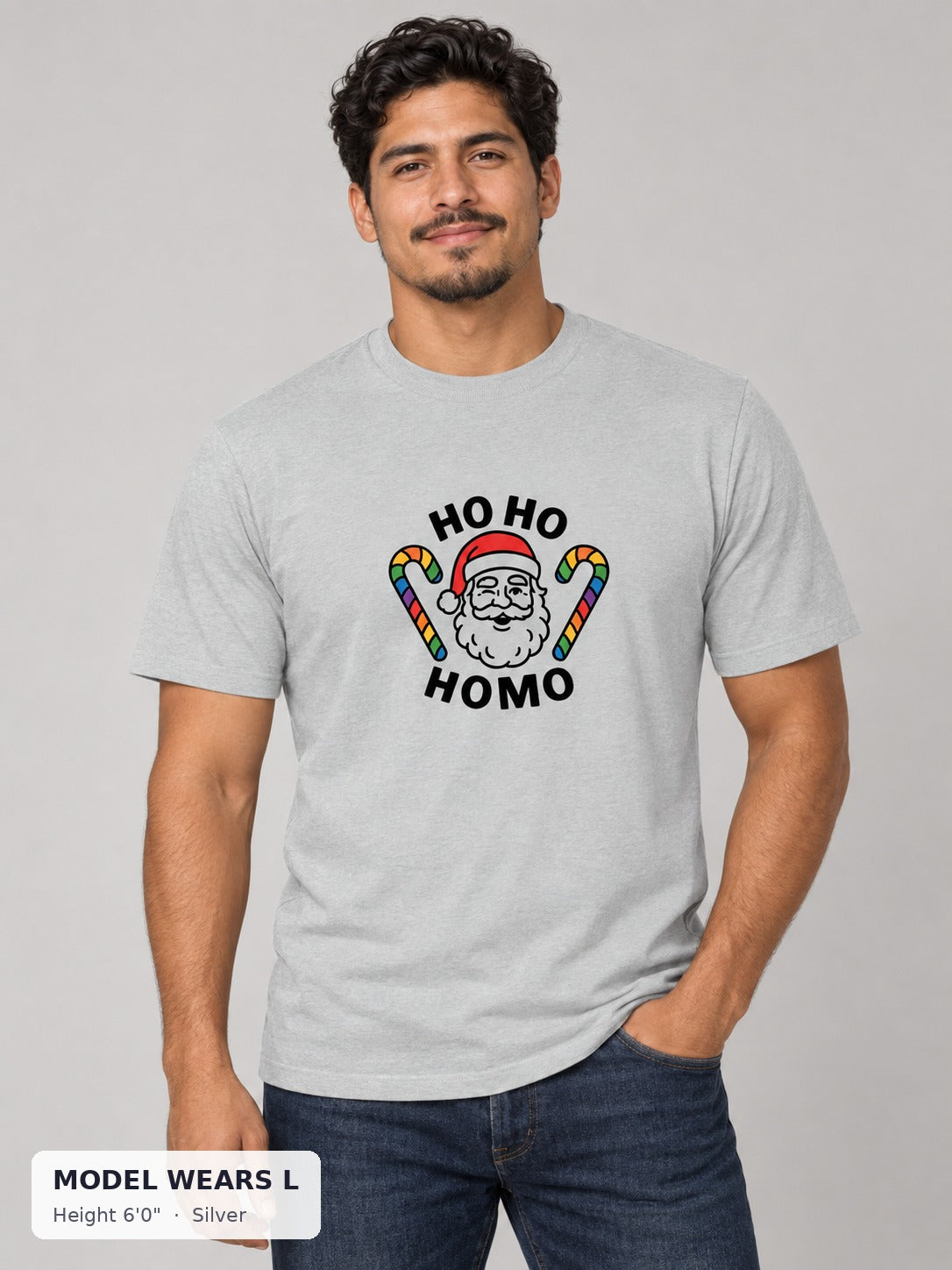 Ho Ho Homo Tee in Silver on an athletic model wearing size L, 6'0" - Good Trouble Fashion