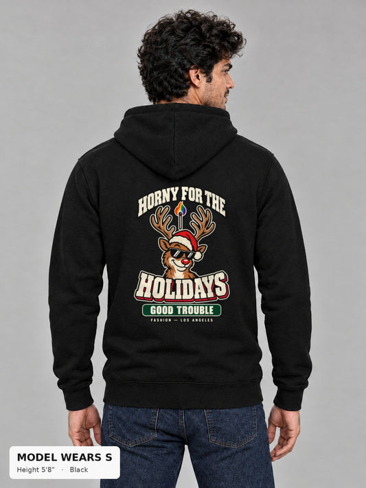 Horny for the Holidays Hoodie in Black, back view showing the HORNY FOR THE HOLIDAYS reindeer back print, on a slim model wearing size S, 5'8" - Good Trouble Fashion
