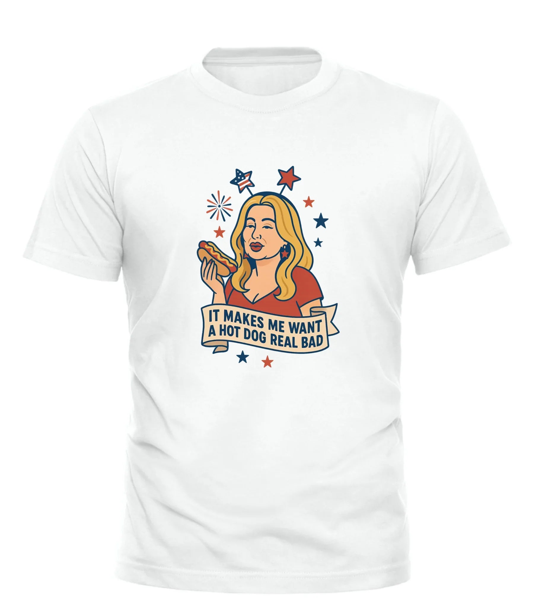 White Good Trouble Garments t-shirt with graphic text: It Makes Me Want A Hot Dog Real Bad