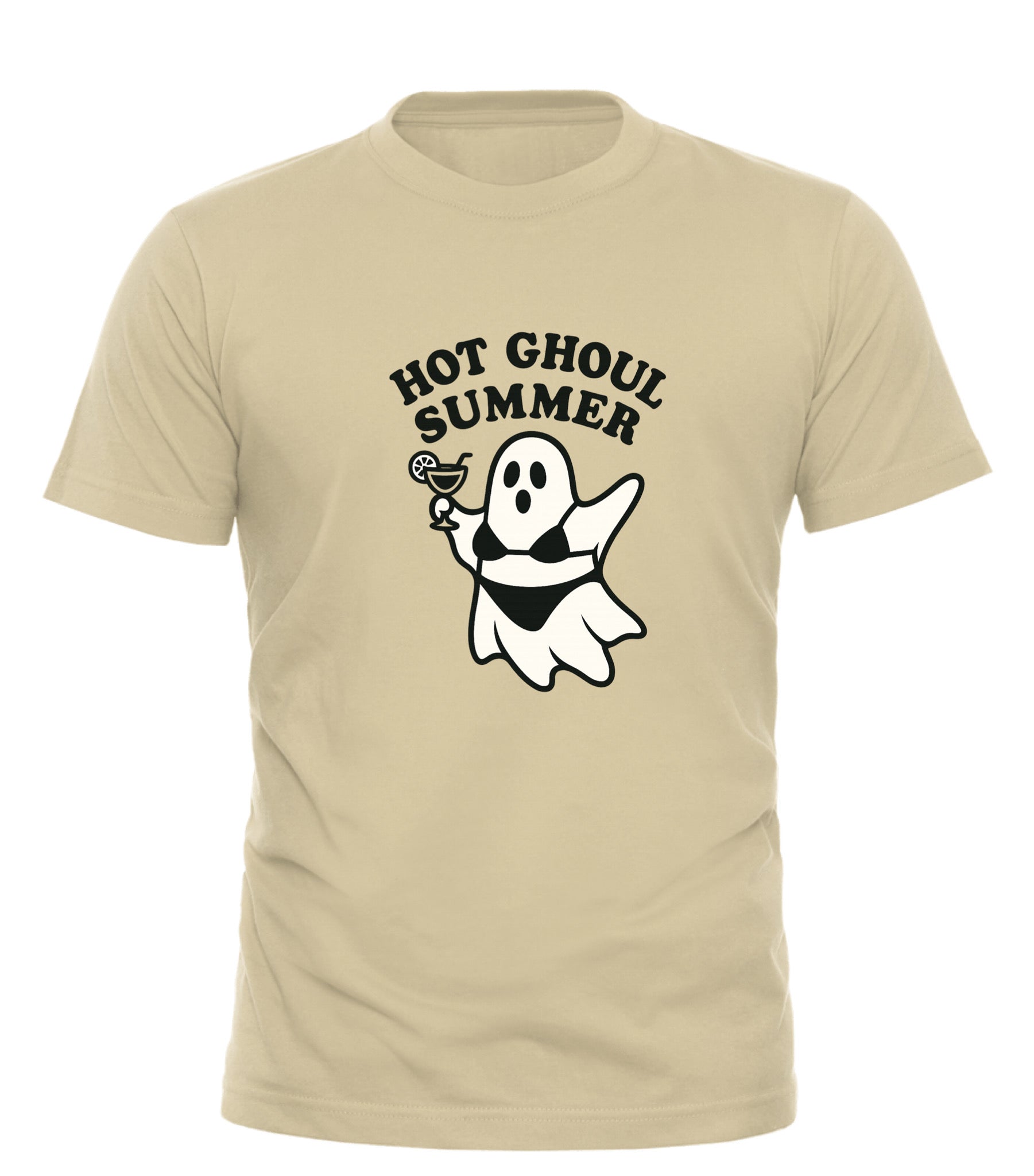 Good Trouble Garments beige hot ghoul summer t-shirt with a ghost wearing a bikini holding a cocktail