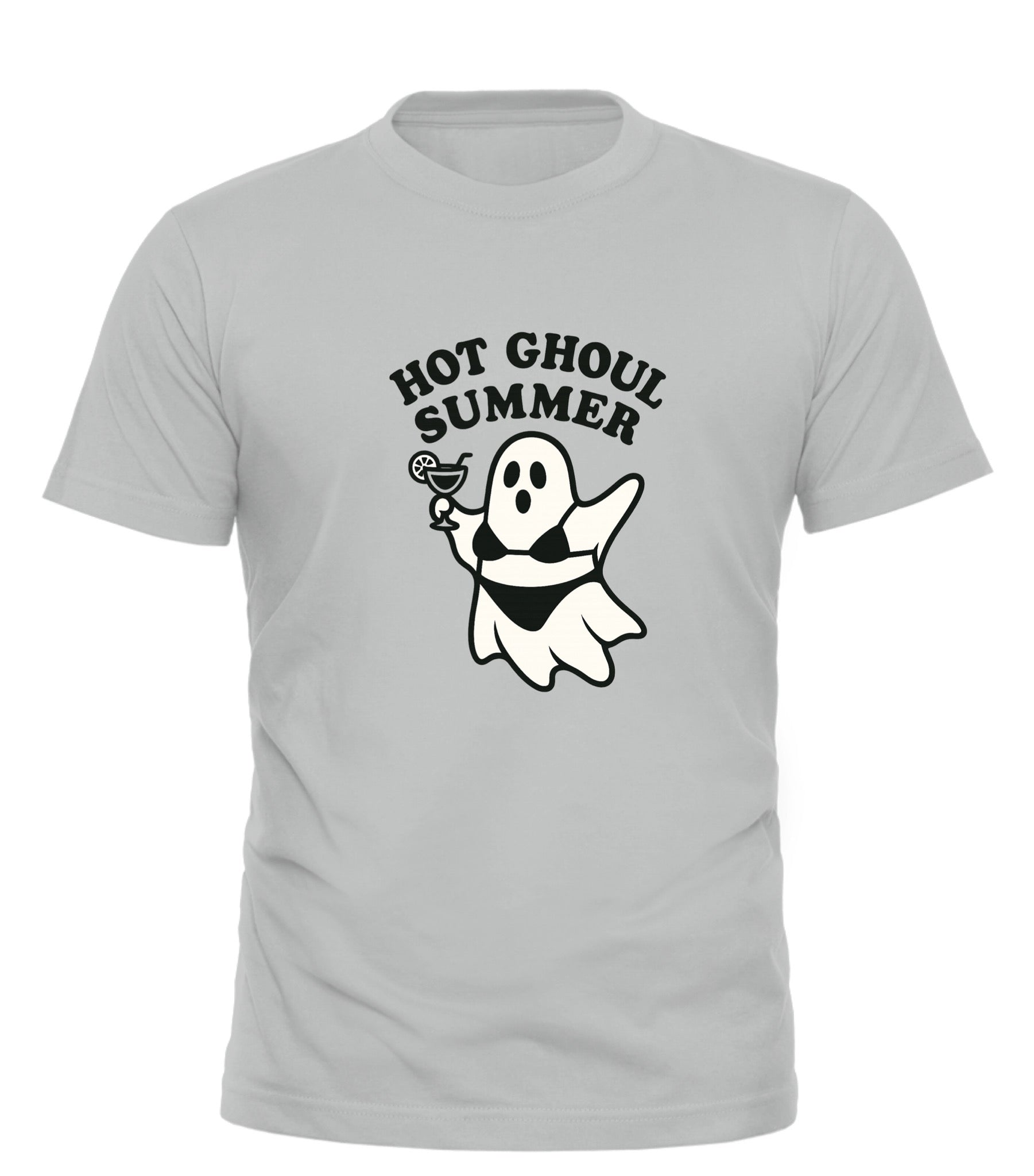 Good Trouble Garments hot ghoul summer t-shirt with ghost holding drink graphic on light gray tee