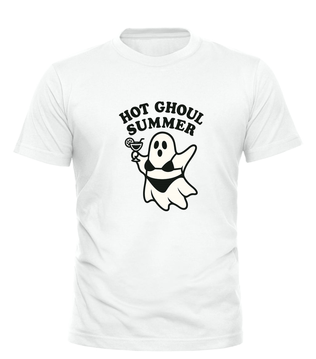White Good Trouble Garments hot ghoul summer t-shirt with ghost in bikini holding cocktail