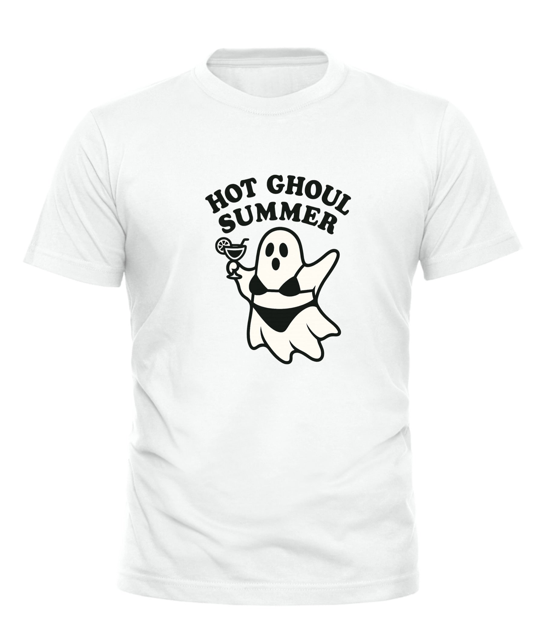 White Good Trouble Garments hot ghoul summer t-shirt with ghost in bikini holding cocktail