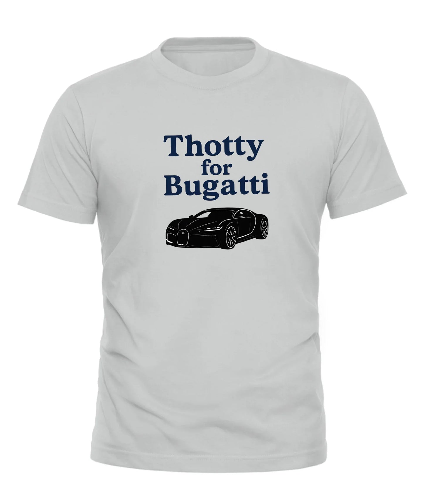 Good Trouble Garments humorous Bugatti shirt in white with playful Thotty for Bugatti text and car graphic