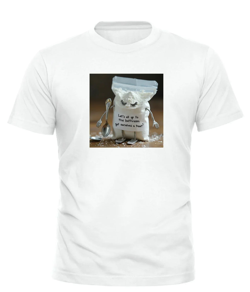 Good Trouble Garments white tee with humorous gift tee for adults featuring funny sugar bag and spoon design