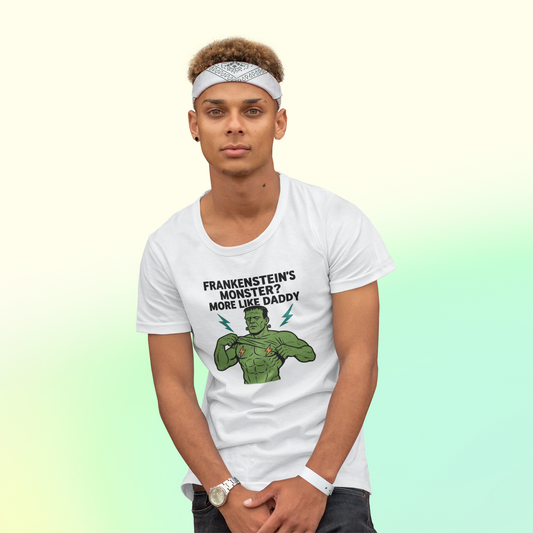 Humorous monster tee for men featuring a funny Frankenstein graphic from Good Trouble Garments