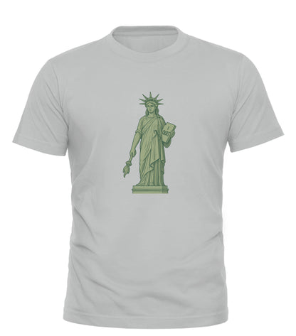 Good Trouble Garments humorous Statue of Liberty shirt with green graphic on light gray tee