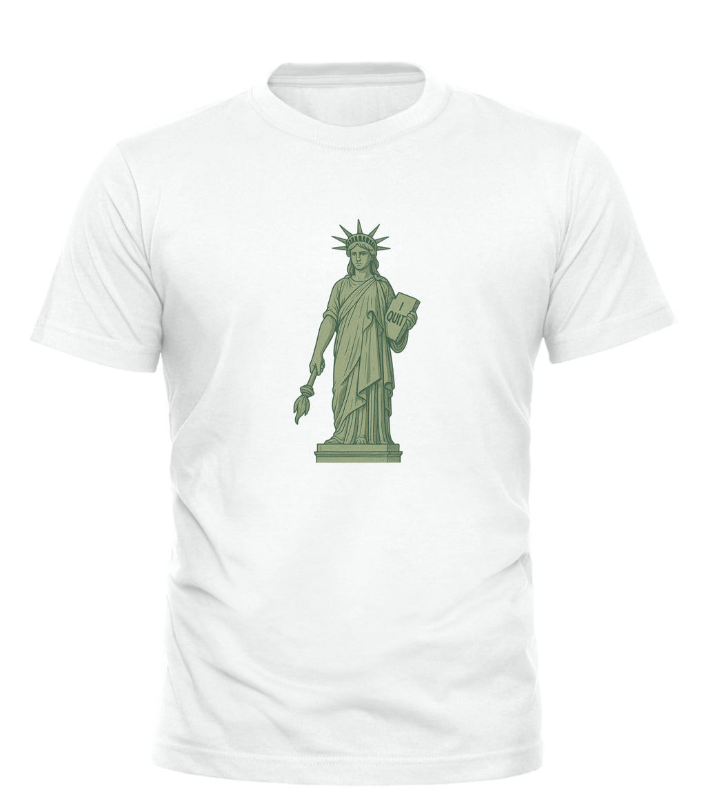 Good Trouble Garments white T-shirt featuring a humorous Statue of Liberty shirt design with a playful twist