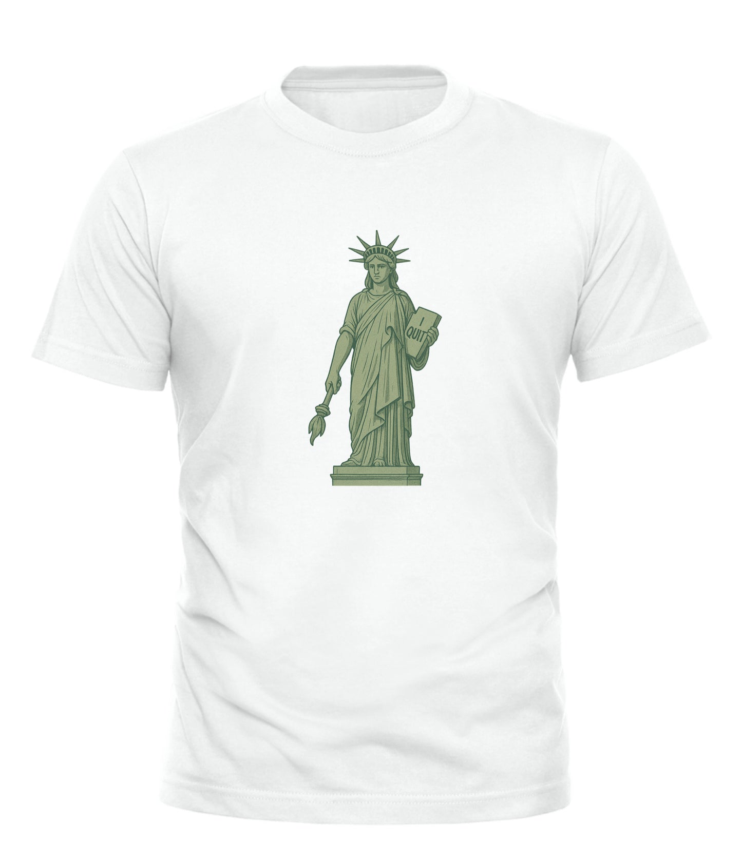 Good Trouble Garments white T-shirt featuring a humorous Statue of Liberty shirt design with a playful twist