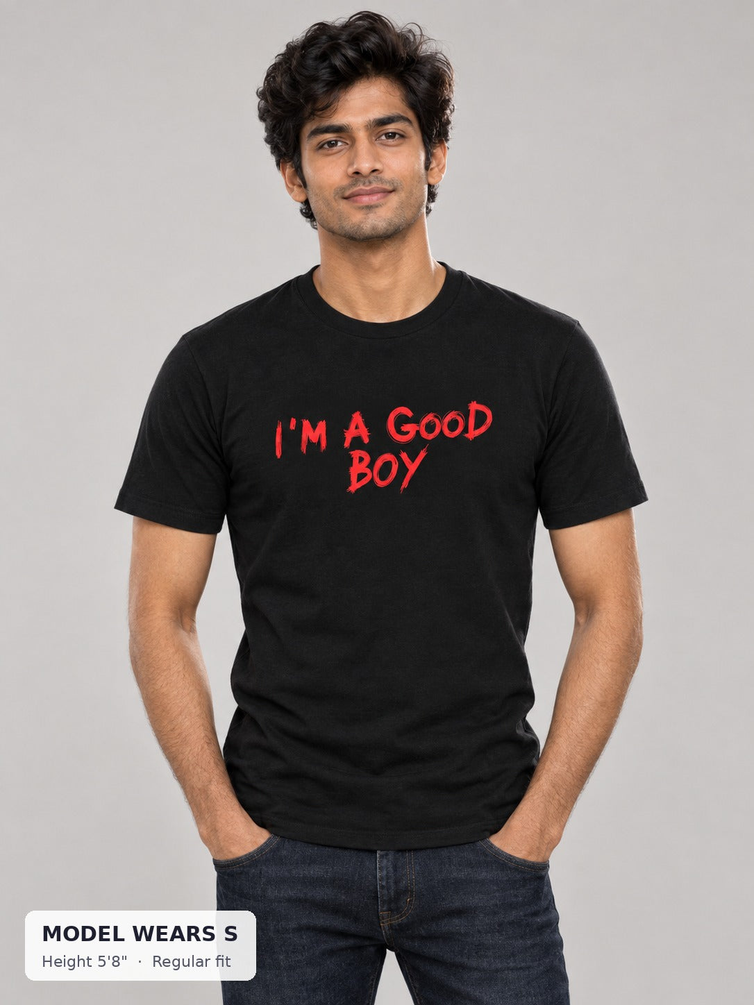 I Am a Good Boy Tee on a slim model wearing size S, 5'8" - Good Trouble Fashion